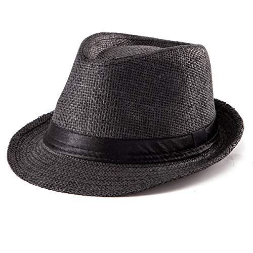 LADYBRO Sommer Stroh Trilby Hut ‌für Herren 1920er Kurze Krempe Fedora Hut, 58cm, Schwarz von LADYBRO