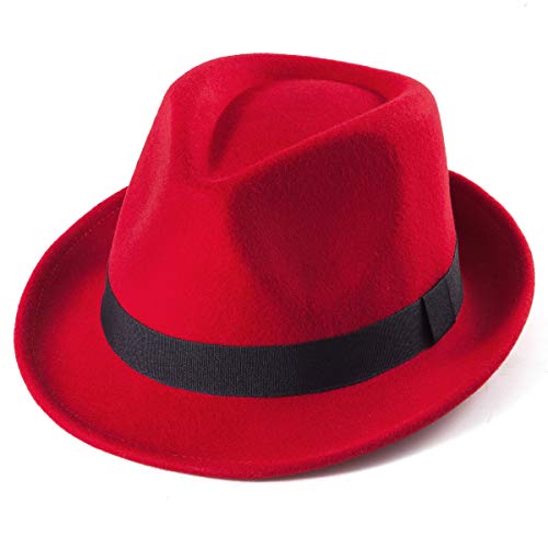 Stroh-Fedora-Hut für Herren, Fedora-Hüte für Herren, Trilby-Hut, Sonnenhut, Panamahut, Wolle, 05 Rot, Größe: 57 cm, passend für 55,9 cm – 57,8 cm, MEDIUM von LADYBRO