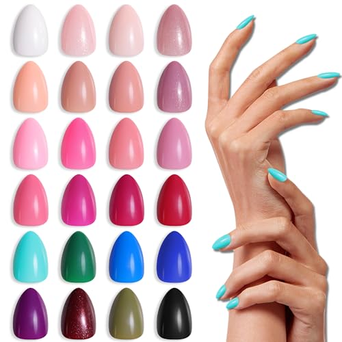 LADYING 24 Farben (576 Stück) Glänzende Mandel-Gel-Nägel zum Aufdrücken, volle Abdeckung, ovale Kunstnägel, kurz mit Kleber und Nagelfeile, Gel-Stick auf Nägeln, Jelly für Frauen, Nagelkunst von LADYING