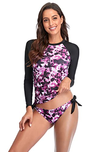 LADYM Damen Rashguard Langarm Badeshirt mit Bikinihose Rash Guard Bademode Tankini Set Rosa M von LADYM