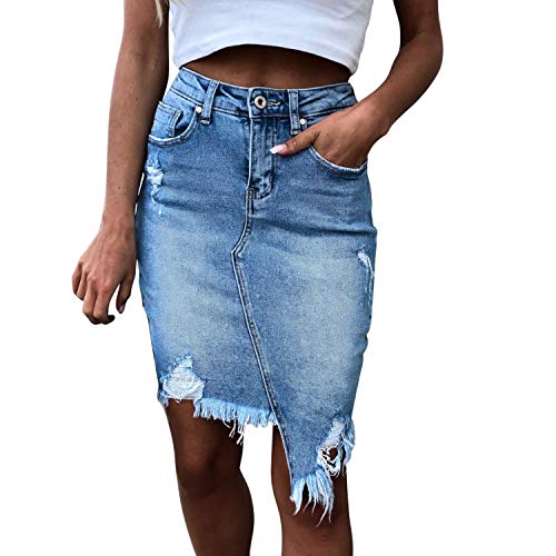 Damen Hohe Taille Zerrissen Denim Rock Casual Kaputt Irregular Knopf Vorne Mini Skirt mit Taschen von LAEMILIA