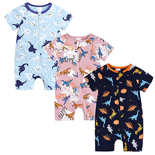 LAEMILIA 3PCS Baby Kurzarm Strampler Junge Mädchen Sommer Pyjama Schlafanzug Baumwolle Neugeboren Overalls Jumpsuit Kleinkind Cartoon Schlafstrampler Babykleidung mit Reißverschluss A 3-6 Monate von LAEMILIA