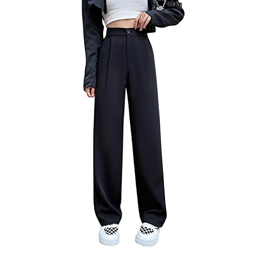 LAEMILIA Anzughose Damen High Waist elegant Lange Business Hose Straight Frauen Casual einfarbig Schlaghose Freizeithose Büro Pants mit Taschen Schwarz 32 von LAEMILIA