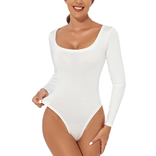 LAEMILIA Body Damen elegant Langarm sexy U neck Stringbody Damenbody Tops Unterziehbody Frauen Romper Shirts für Clubwear Weiß 34 von LAEMILIA