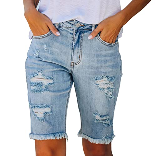 LAEMILIA Caprihose Damen Sommer Jeans Skinny Bermuda Shorts Ripped zerrissen Basic Kurze Denim Hose high Waist Stretch Sommershorts im Used Look Hellblau 36 von LAEMILIA
