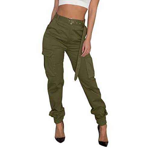 LAEMILIA Cargohose Damen lang High Waist Cargo Pants einfarbig Casual Trainingshosen Outdoor Hose mit Taschen Grün 36 von LAEMILIA