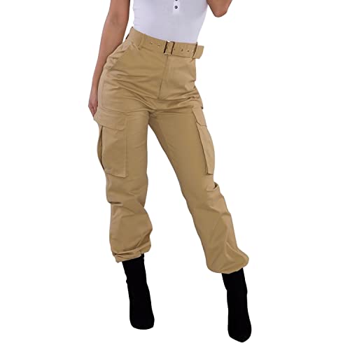 LAEMILIA Cargohose Damen lang High Waist Cargo Pants einfarbig Casual Trainingshosen Outdoor Hose mit Taschen Khaki 36 von LAEMILIA