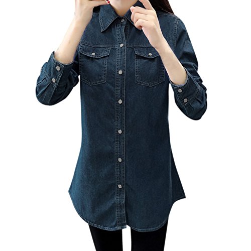 LAEMILIA Damen Bluse Denim Long Sleeve Jeans Hemd Boyfriend Stil mit Brusttaschen Beiläufig Langarmshirt (EU38/40=Tag L, Dunkel Blau) von LAEMILIA