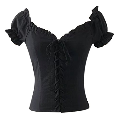 LAEMILIA Damen Blusen Tops Retro Riemchen Lace Up Rüschen Saum Oberteile Kurzarm Slim Elegant Basic Einfarbig Carmenbluse Damentops Zip Rücken (EU 36 = Brustumfang 88 cm, Schwarz) von LAEMILIA