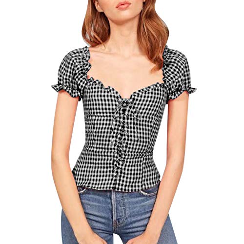 LAEMILIA Damen Blusen Tops Retro Riemchen Lace Up Rüschen Saum Oberteile Kurzarm Slim Elegant Basic Einfarbig Carmenbluse Damentops Zip Rücken (EU 36 = Brustumfang 88 cm, Schwarzes Plaid) von LAEMILIA