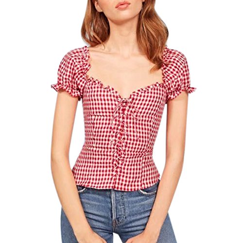 LAEMILIA Damen Blusen Tops Retro Riemchen Lace Up Rüschen Saum Oberteile Kurzarm Slim Elegant Basic Einfarbig Carmenbluse Damentops Zip Rücken (EU 38 = Brustumfang 92 cm, Rot) von LAEMILIA