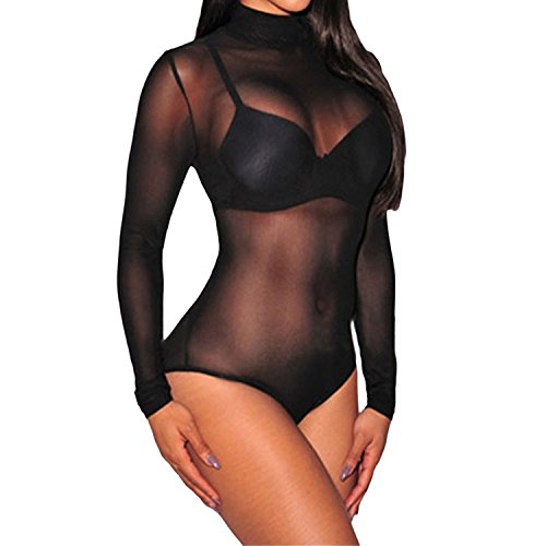 LAEMILIA Damen Bodys Rollkragen Langarm Bodysuit Overall Mesh Tops Romper Shirts für Clubwear (XL, Schwarz) von LAEMILIA