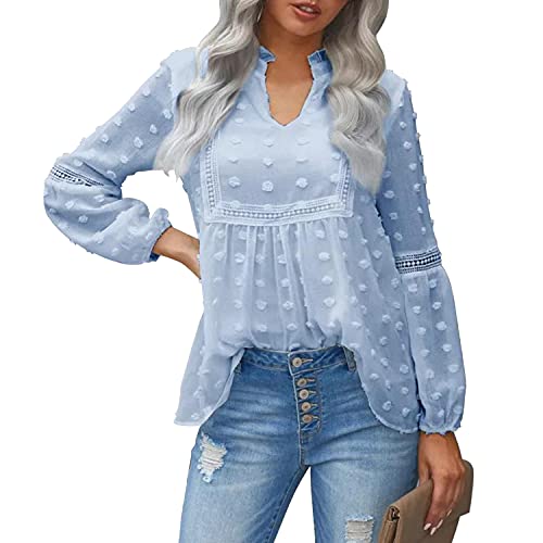 LAEMILIA Damen Chiffon Bauernblusen Swiss Dot Flowy Tunika Tops Pom Pom Elegant Puffärmel Empire Shirts, blau, 38 von LAEMILIA