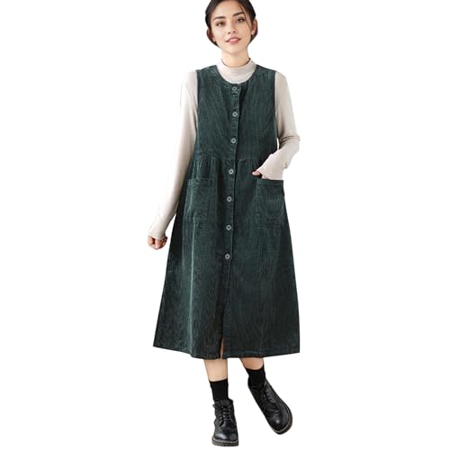 LAEMILIA Damen Cord Latzkleid Ärmellos Overall Maxikleid Knopfleiste Loose Fit high Waist langes Hosenträger Kleider mit Taschen für Winter Herbst Frühling Grün XXL von LAEMILIA