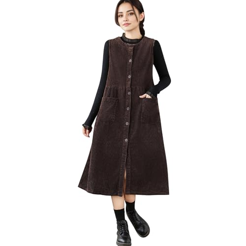 LAEMILIA Damen Cord Latzkleid Ärmellos Overall Maxikleid Knopfleiste Loose Fit high Waist langes Hosenträger Kleider mit Taschen für Winter Herbst Frühling Kaffee M von LAEMILIA