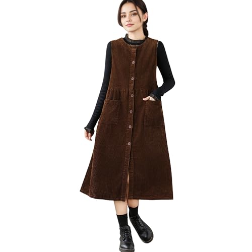 LAEMILIA Damen Cord Latzkleid Ärmellos Overall Maxikleid Knopfleiste Loose Fit high Waist langes Hosenträger Kleider mit Taschen für Winter Herbst Frühling Khaki M von LAEMILIA
