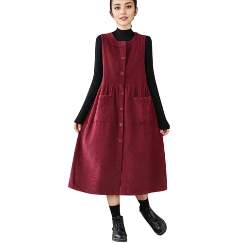 LAEMILIA Damen Cord Latzkleid Ärmellos Overall Maxikleid Knopfleiste Loose Fit high Waist langes Hosenträger Kleider mit Taschen für Winter Herbst Frühling Weinrot 3XL von LAEMILIA