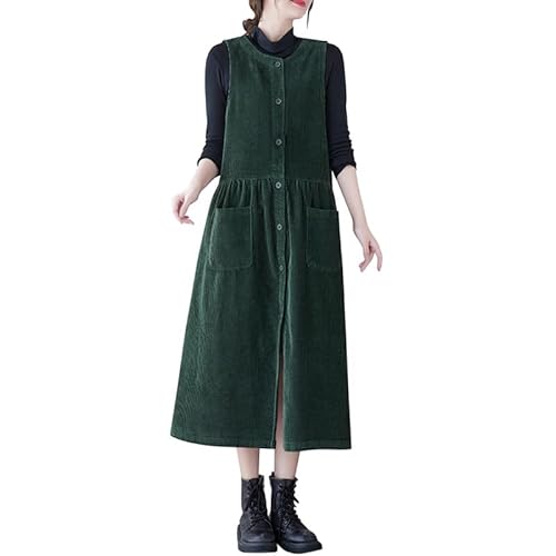 LAEMILIA Damen Cord Latzkleid Ärmellos Overall Maxikleid Knopfleiste Loose Fit langes Hosenträger Kleider mit Taschen für Winter Herbst Frühling von LAEMILIA