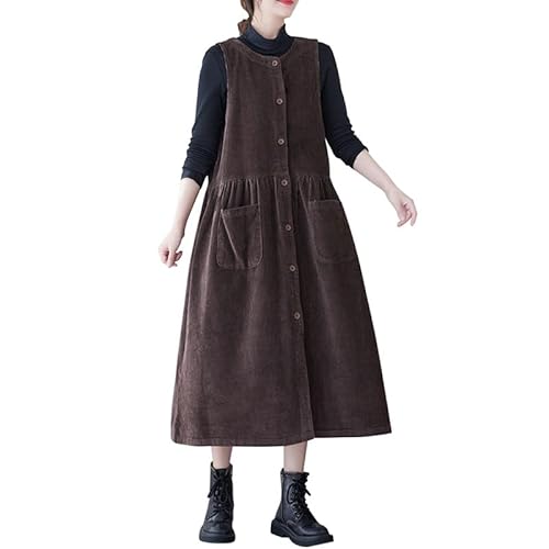 LAEMILIA Damen Cord Latzkleid Ärmellos Overall Maxikleid Knopfleiste Loose Fit langes Hosenträger Kleider mit Taschen für Winter Herbst Frühling von LAEMILIA