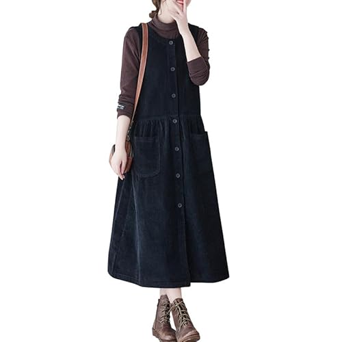 LAEMILIA Damen Cord Latzkleid Ärmellos Overall Maxikleid Knopfleiste Loose Fit langes Hosenträger Kleider mit Taschen für Winter Herbst Frühling von LAEMILIA