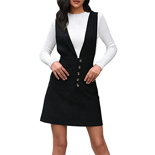 LAEMILIA Damen Cord Latzkleid V Neck Hosenträger Kleider Ärmellos Hohe Taille Herbst Frühling Latzrock A Linie Knopfleiste Minikleid Overall mit Taschen Schwarz S von LAEMILIA