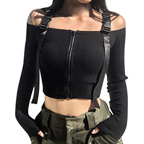 LAEMILIA Damen Crop Top Langarm Skinny Oberteil Schulterfrei Verstellbar Träger Zip Vorne Kurz Fashion Langarmshirt von LAEMILIA