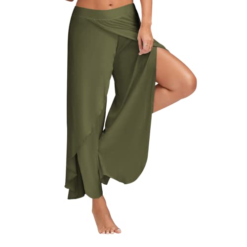 LAEMILIA Damen Harem Hippie mit Schlitz Yogahosen Sport Pumphose Marlene Hose Dunkelgrün 5XL von LAEMILIA