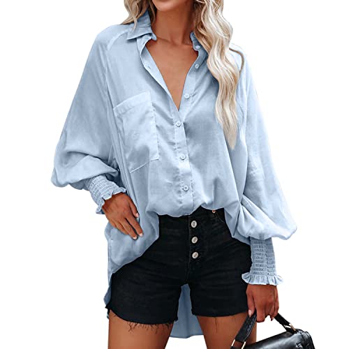 LAEMILIA Damen Hemd elegant lang Hemdbluse Loose fit Revers Sommer Langarmbluse mit Brusttasche Bluse Oberteile Blau XL von LAEMILIA
