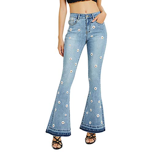 LAEMILIA Damen Jeans Blumen Stickerei Slim Fit Schlaghosen Skinny Beiläufig Stretch Retro Stil Boyfriend Schlagjeans von LAEMILIA