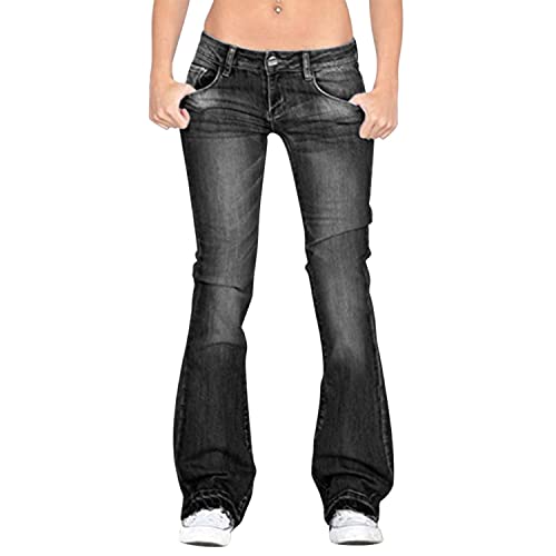 LAEMILIA Damen Jeans mit niedriger Leibhöhe, Bootcut, hochwertig, dehnbar, ausgestellt, Denim-Hose zum Überziehen, Schwarz , 34 von LAEMILIA