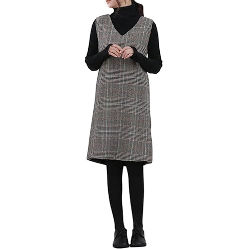 LAEMILIA Damen Kariert Overall Kleid V-Ausschnitt ärmellos Trägerkleider Knielang elegant Latzkleid mit Taschen Loose fit Business Kleider von LAEMILIA