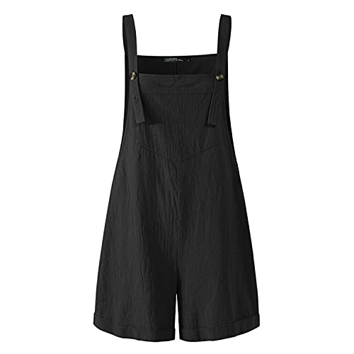 LAEMILIA Damen Lässige kurze Overalls Baumwolle Leinen Weites Bein Strampler Jumpsuit Trägerhose Einteiler, Schwarz , 42 von LAEMILIA