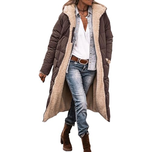 LAEMILIA Damen-Mantel, wendbar, Sherpa-Fleece, lang, warm, Winter, dick, Teddy-Pufferjacke, Reißverschluss, wadenlang, mit Kapuze, flauschig, modisch, winddicht, coffee, 46 von LAEMILIA