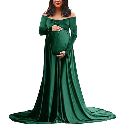 LAEMILIA Damen Maxi Umstandskleid Samt Sexy Mutterschaft Kleid Bodenlänge Off Shoulder Langarm Schwangerschaft Kleid für Fotoshooting Party Hochzeit L Grün von LAEMILIA