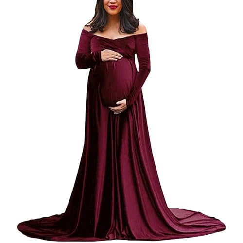 LAEMILIA Damen Maxi Umstandskleid Samt Sexy Mutterschaft Kleid Bodenlänge Off Shoulder Langarm Schwangerschaft Kleid für Fotoshooting Party Hochzeit L Weinrot von LAEMILIA