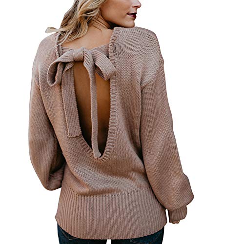 LAEMILIA Damen Pullover Strickpullover Rückenfrei Schleife Lässig Langarm Sweater Stricken Langarmshirt Herbst Frühjahr Reizvoll Oberteil (EU 42=Tag XL, Beige) von LAEMILIA