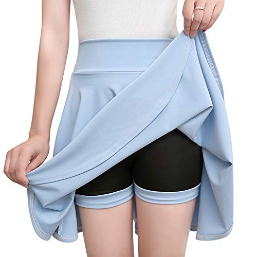 LAEMILIA Damen Rock kurz high Waist Dehnbare Faltenrock mit Shorts Schulmädchen Skater Mini Rock Cosplay Glockrenrock Hellblau 4XL von LAEMILIA