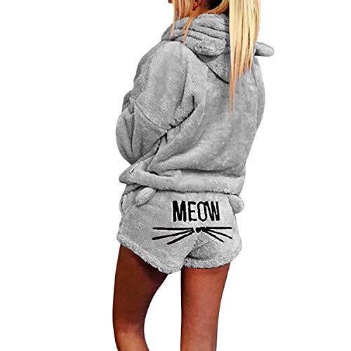 LAEMILIA Damen Schlafanzug Pullover Anzug Plüsch Warm Freizeit Küschelig Sweatshirt Ohren Kapuzen Langarm Oberteil Kurze Hose Set Zuhause Homewear von LAEMILIA