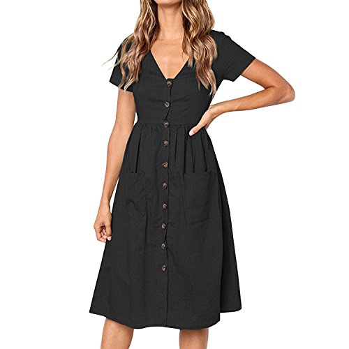 LAEMILIA Damen Sommerkleid Midikleid Knielang Partykleid mit Knopfleiste Kurzarm V-Ausschnitt Strandkleid Elegant Vintage Abendkleid mit Taschen von LAEMILIA