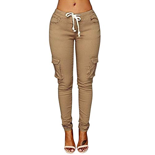 LAEMILIA Damen Stretch Beiläufig Skinny Hose Freizeithose in Khaki, Grün,Weiß (40, Leichtes Khaki) von LAEMILIA