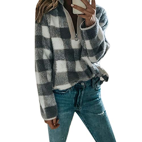 LAEMILIA Damen Strick Karo Revers Fleecejacke V Kragen mit Reißverschluss, Winddicht Stehkragen Fleece Jacke Sweatjacke Sport Jacke für Wandern Freizeit von LAEMILIA