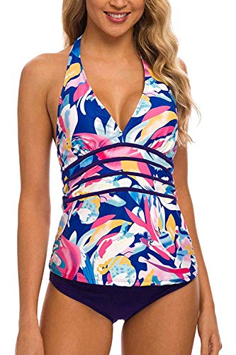 LAEMILIA Damen Tankini Neckholder Zweiteiler Badeanzug Blumenmuster Rückenfrei Figuroptimiz Strandmode von LAEMILIA