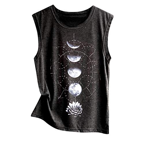 LAEMILIA Damen Tanktops mit Fantastsie Mondphasen und Lotus Printed Oneck Ärmellos T-Shirt Leicht Bluse Loose Causul von LAEMILIA