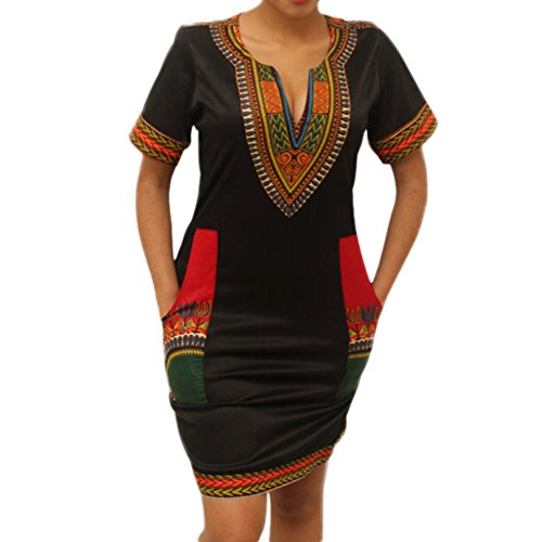 LAEMILIA Damen Traditionelle Afrikanische Druck Kurzarm V-Ausschnitt Bodycon Wide Dashiki Ethnisch Gedrucktes Tunikakleid Sommer Kleider Party (L(40), Schwarz) von LAEMILIA