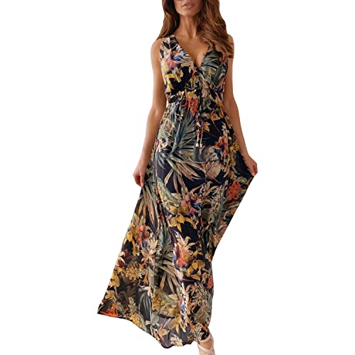 LAEMILIA Damen V Ausschnitt Sommerkleid lang elegant ärmellos Blumenkleid rückfrei Schnür Partykleid Strandkleid Freizeitkleid Schwarz M von LAEMILIA