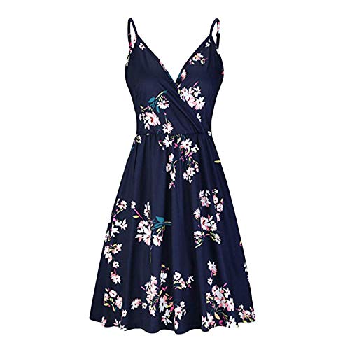 LAEMILIA Damen V-Ausschnitt Spaghettiträger Kleid Sommer Casual Floral Swing Elegant Minikleid mit Tasche Nachtclub Sommerkleid Mode Knielang von LAEMILIA