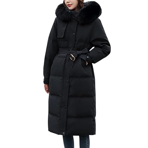 LAEMILIA Damen Winter Jacken Lang Warm Daunenmantel mit Kapuze Verdickt Übergangsjacke Maxi Parka Jacke Kunstpelz Gürtel Langarm Steppjacke Outwear Damenmantel von LAEMILIA