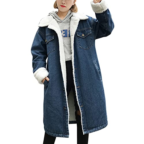 LAEMILIA Damen Winter Jeansjacke Gefütterte warm Denimjacke lang Wintermantel Outerwear Knopf mit Taschen von LAEMILIA