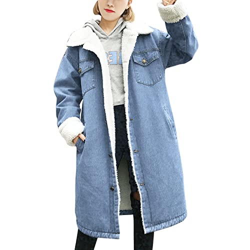 LAEMILIA Damen Winter Jeansjacke Gefütterte warm Denimjacke lang Wintermantel Outerwear Knopf mit Taschen von LAEMILIA