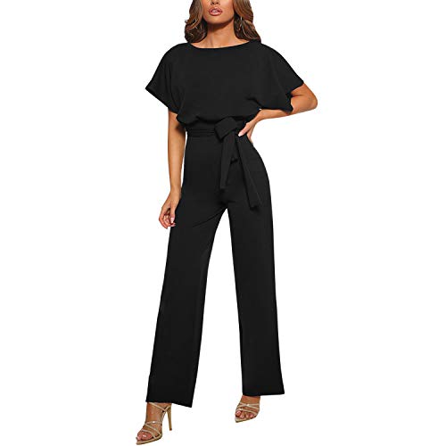 LAEMILIA Elegant Damen Jumpsuit Rundhals Hosenanzug Playsuit mit Gürtel Overall Suit Einteiler Party Abendmode von LAEMILIA